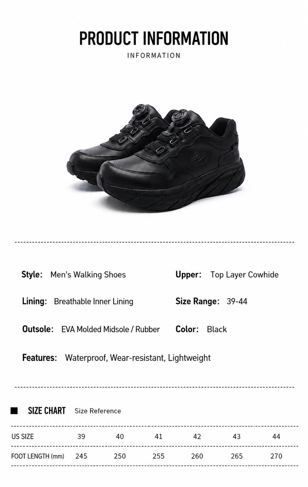 SUOYUE Urban Autumn/Winter Black Low-Top Lace-Up Waterproof Commuter Casual Leather Shoes (Men) 25502BLACK-43